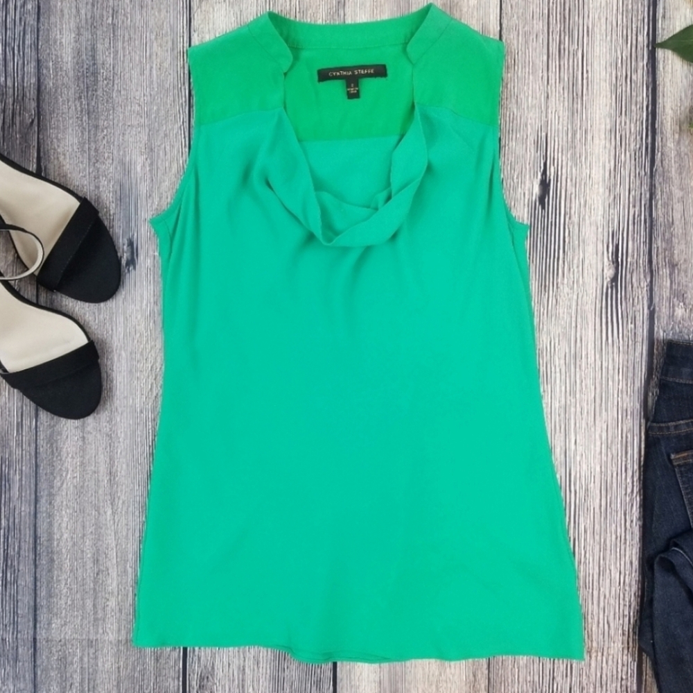 Cynthia Steffe Green Silk Draped Neck Blouse